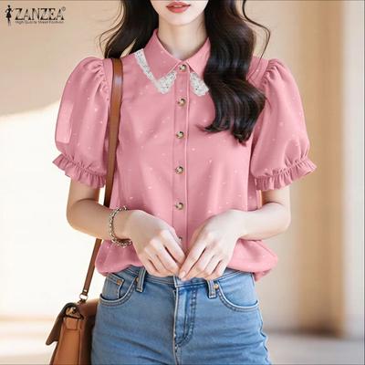 Women Lace Splice Turn Down Collar Casual Short Sleeve Blouse