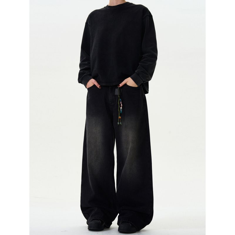 Madwitch Retro Washed Bootcut Denim Men's and Women's Loose Casual Wide Leg Straight Black Pants Ins