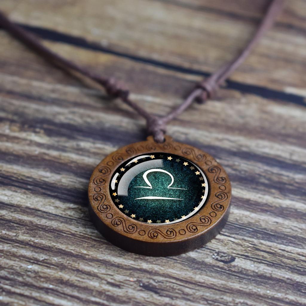 12 Zodiac Signs Constellation Necklaces Glass Dome Vintage Wooden Pendant Rope Chains Necklace for Women Men Jewelry Birthday Gift