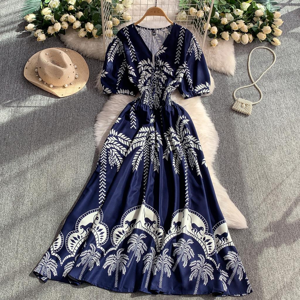 Summer Women Printed Dress V-neck Lace-up Short Sleeved Pleated A-line American Casual Fashion Elegant Female Dresses