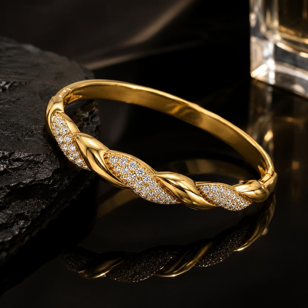 Waterproof Stainless Steel Bangle Bracelet for Women Twisted Rope Crystal Pave Gold Color Hinged Clasp Statement Jewelry
