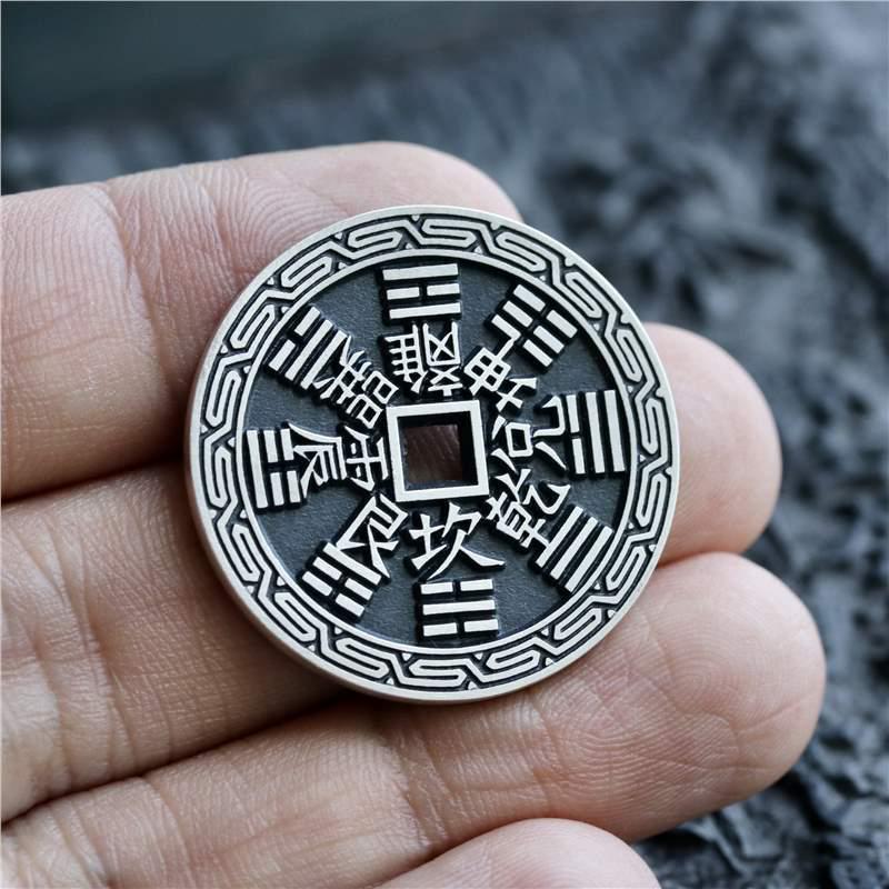 Sterling Silver Mountain Ghost Flower Pendant with Swastika Pattern Engraving, 30mm Coin Design.