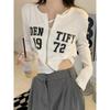 Women's Letter Print Cropped Zip-Up Cardigan Jacket - Slimming Long Sleeve T-Shirt Style Top