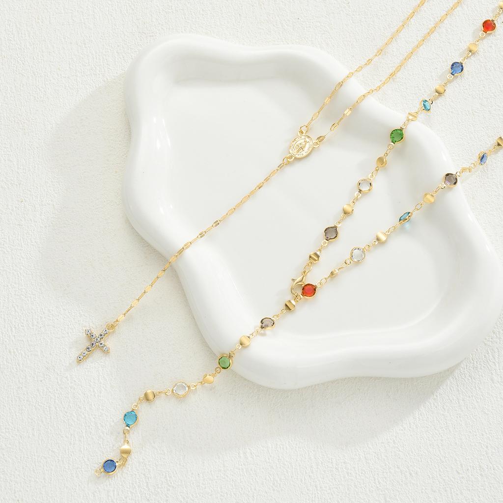 2 Pcs/Set Y-Shape Tassel Chain Multi-layered Necklace for Women Vintage Colorful Crystal Cross Necklaces Daily Wear Jewelry Gift