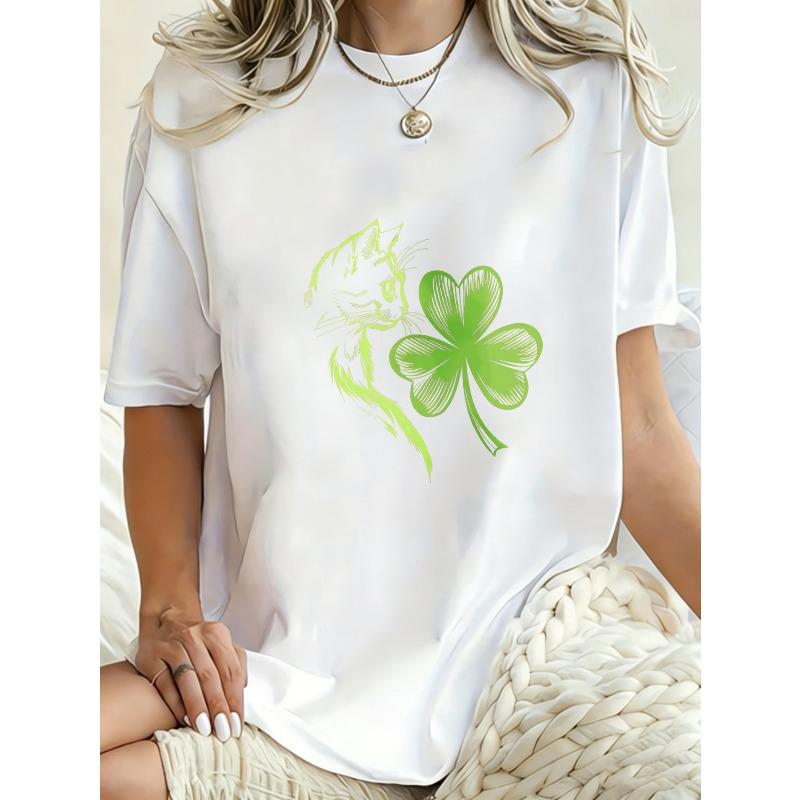 Oversized T-shirt Zwarte Kat en Klaver Print Casual Streetwear Voor Vrouwen
