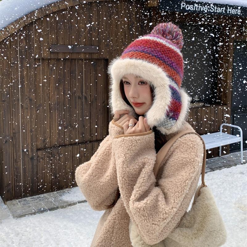 Warm Knitted Hat Women's Winter Color Striped Lei Feng Hat Outdoor Plush Hat