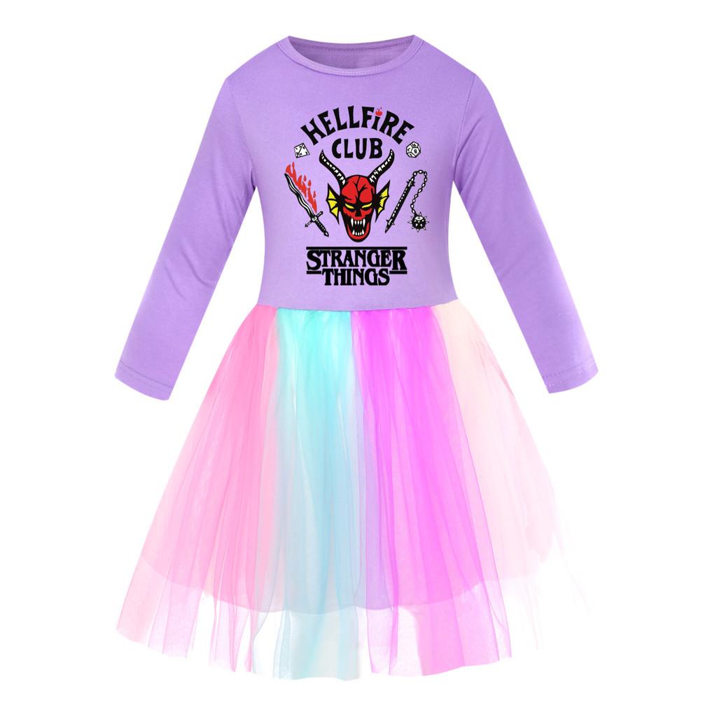 5253 Kids Girls Stranger Print Mesh Rainbow Round Neck Casual Casual Cotton Dress