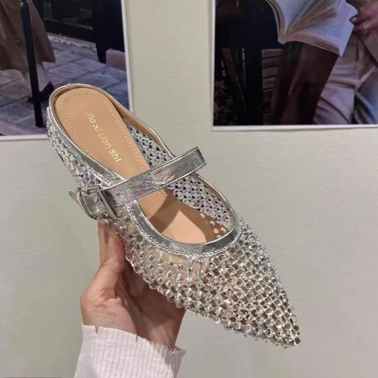 Fashion Women Slippers  New Rhinestone Leisure Slipper Retro Pointed Toe Metal Buckle Fashion Half Slipper Sandalias De Mujer