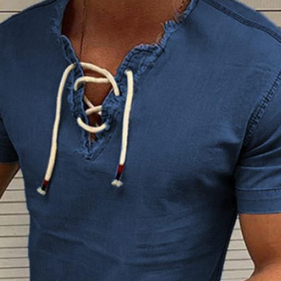 Pánské tričko s výstřihem do V a šněrováním, letní jednobarevný top s krátkým rukávem pro odvážné