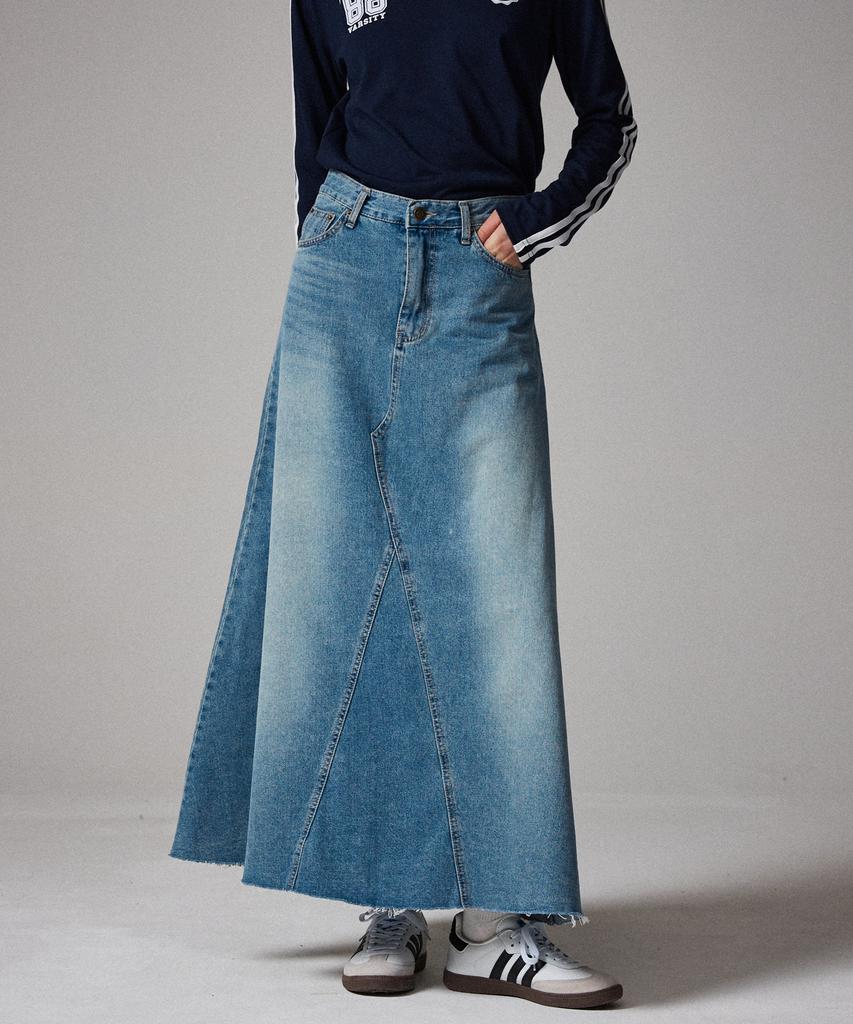 AWESOME STUDIO Flare Maxi Long Denim Skirt Black