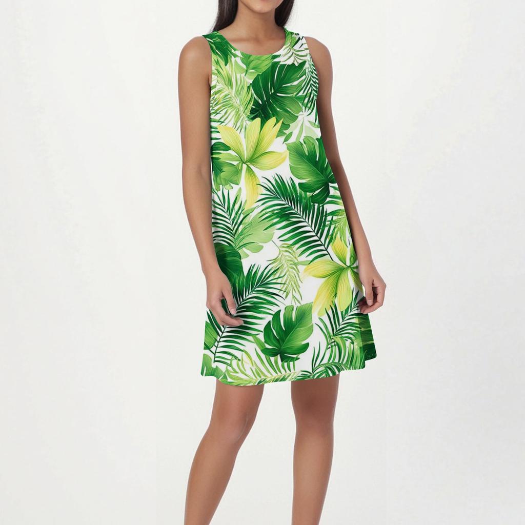 Damenmode Strandkleid Ärmelloses Rundhalskleid mit Blumendruck