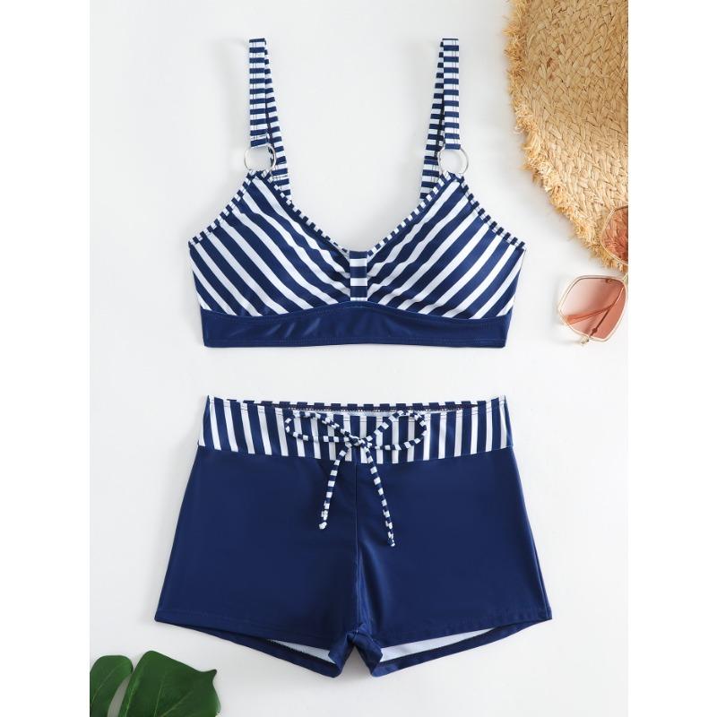 Tankinisett med blomstermønster for kvinner, Elegant 2-delt bikini-badedrakt med justerbare stropper og høy midje, Sommerstrandklær