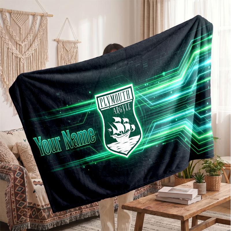 Plymouth Argyle FC Personalized Fleece Blanket With Football Logo, Custom Name Text Soft Warm Home Throw Blanket