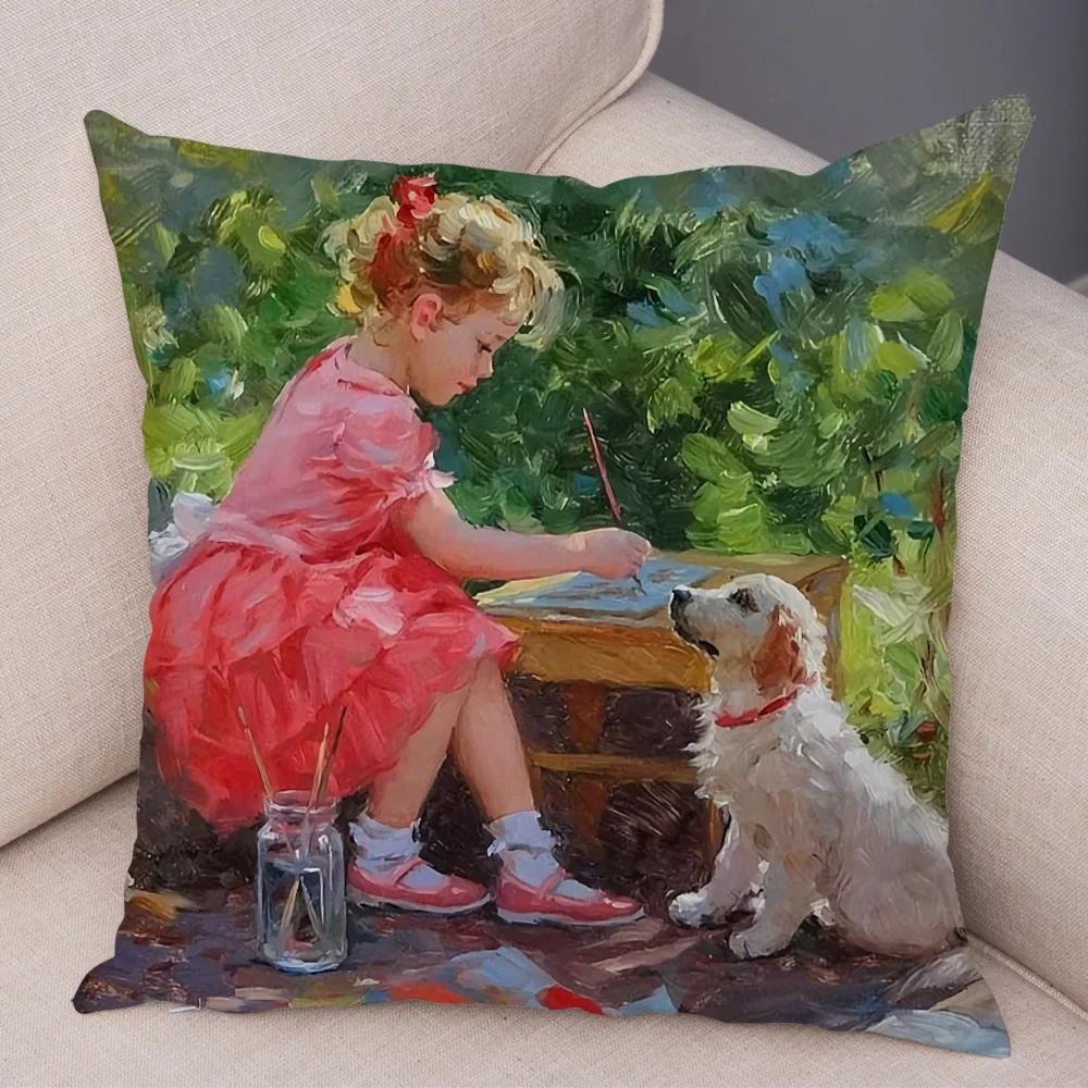 Cute Cartoon Children Cushion Cover Decor Harajuku Oil Painting Lady Pillowcase for Sofa Home Soft Plush Throw Pillow Case