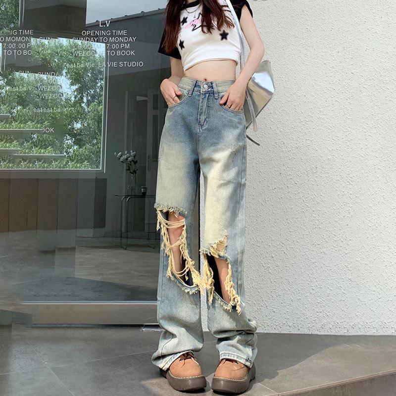 

Женские модные американские ретро рваные джинсы широкого кроя S (Recommended for 80-95 jin)