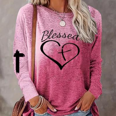 T-Shirt mit Buchstaben- und Herz-Print, lässiges Langarm-T-Shirt mit Rundhalsausschnitt für Frühling und Sommer, Damenbekleidung