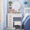 Makeup Vanity Desk with LED Lighted Crown-shaped Mirror, Vanity Table with 4 Drawers and Opening Shelves, Bedroom Dressing Table with