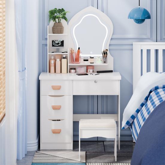 Makeup Vanity Desk with LED Lighted Crown-shaped Mirror, Vanity Table with 4 Drawers and Opening Shelves, Bedroom Dressing Table with