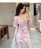 Spring and summer new sexy celebrity suspender V-neck printed dress temperament high waist and thin hip-wrapped mesh skirt women