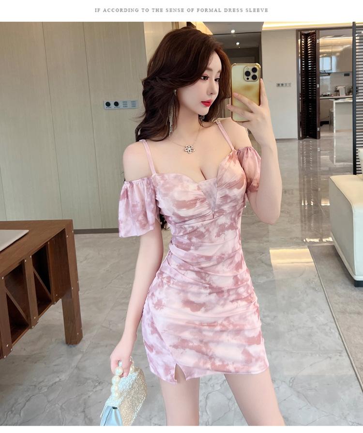Spring and summer new sexy celebrity suspender V-neck printed dress temperament high waist and thin hip-wrapped mesh skirt women