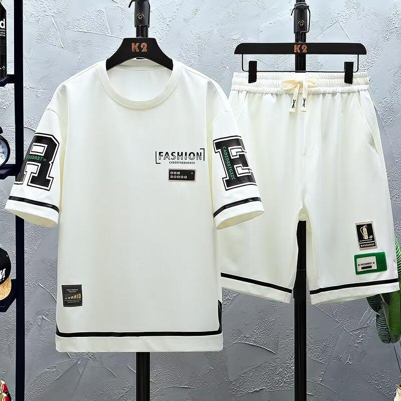Men's Trendy Solid Color Summer Suit: Versatile Korean Style Casual Short-Sleeve Waffle T-Shirt and INS Shorts