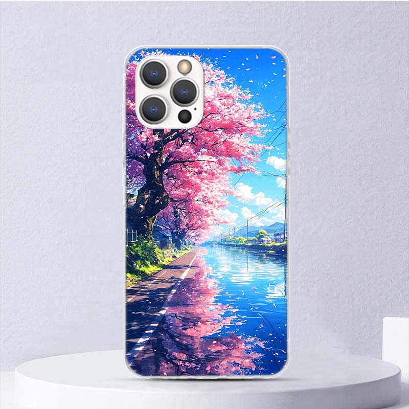 Japanese Cherry Mount Fuji Soft Case For iPhone 16 17 Air 16E 15 Plus 11 12 13 Mini 14 Pro Max Phone Cover Apple 7 8 SE Coque Fu