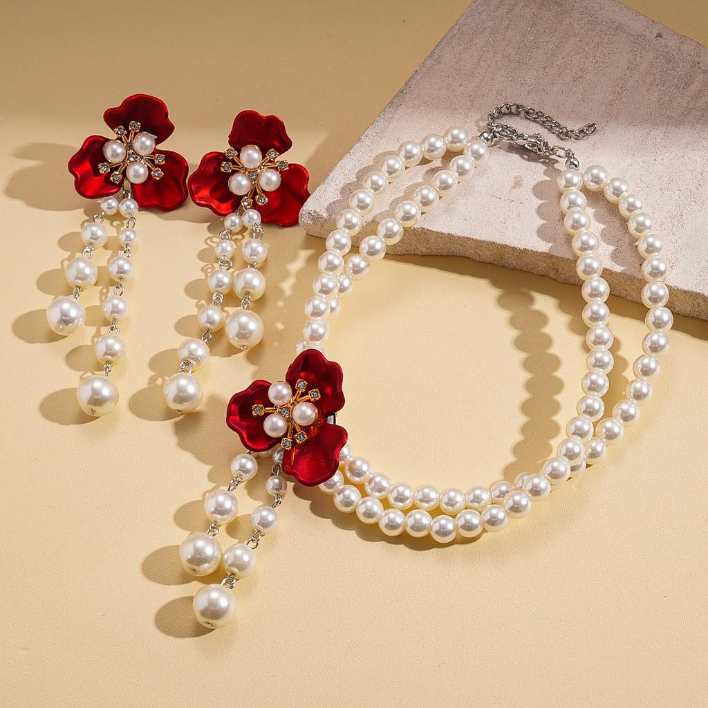 European and American Imitation Pearl Beaded Diamond Flower Double Layer Sweater Chain Retro Baroque Niche Necklace