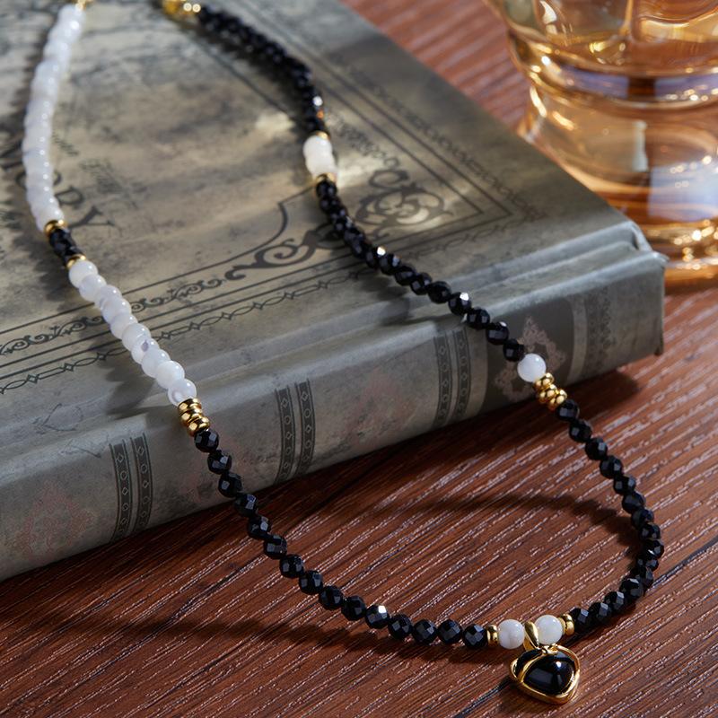 Original Niche S925 Sterling Silver Natural Black Agate Colored Treasure Pendant Heart-Shaped Love Bracelet Female Xiaohongshu Beaded
