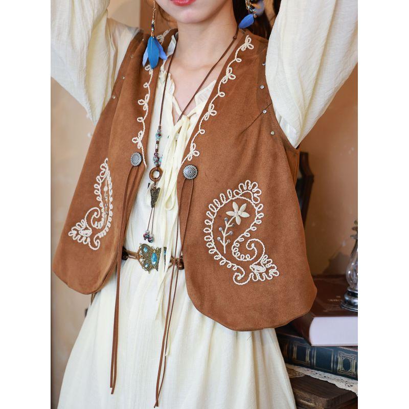 

Богемный Ретро Вышивка Жилет Жилет Свободный Приталенный Пляжная Одежда Безрукавка Уличный Нишевый Топ Brown {single vest} One size