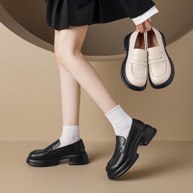 Augustine thick-heeled loafers for women's 2025 new autumn thick-soled British comfortable soft-soled black small leather shoes