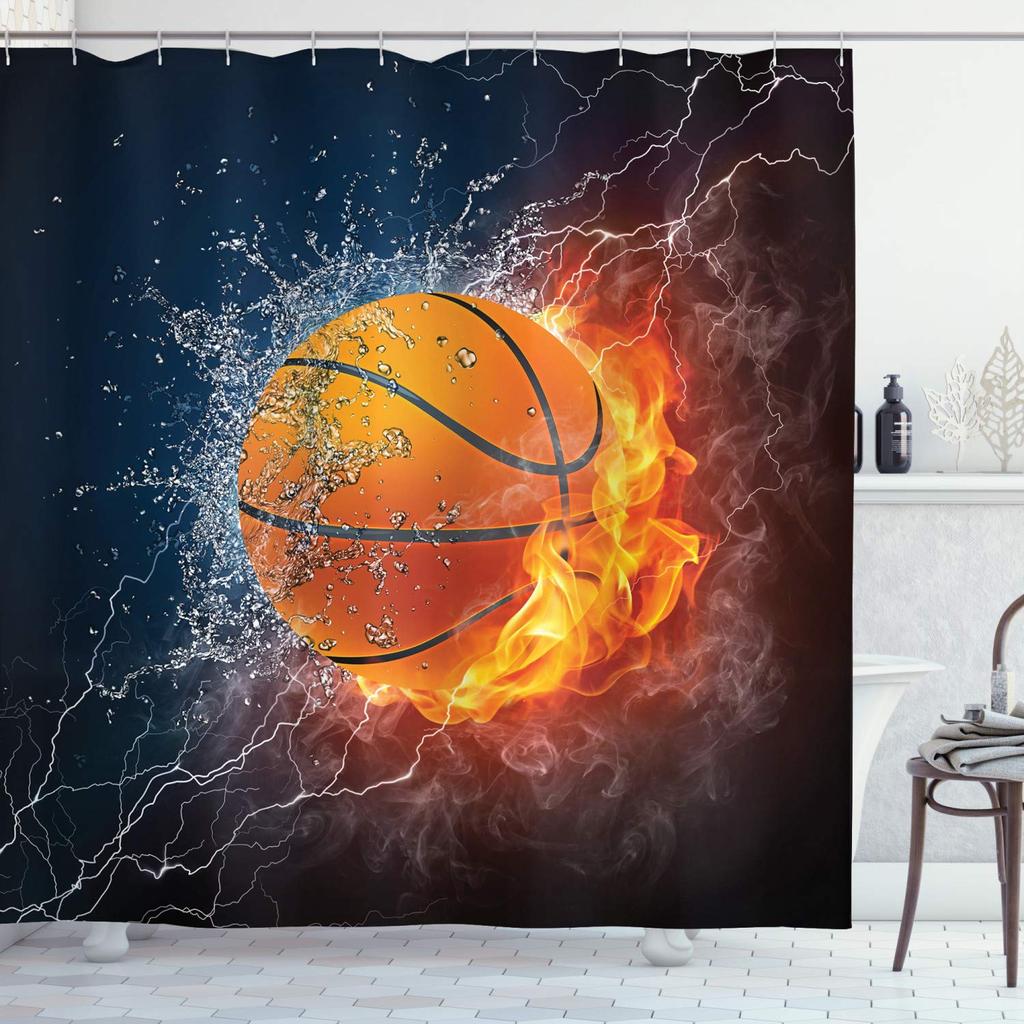 Basketball Shower Curtain For Boys Teen Ball Sports Bath Curtain Waterproof Fabric Bathroom Accessories With Hooks