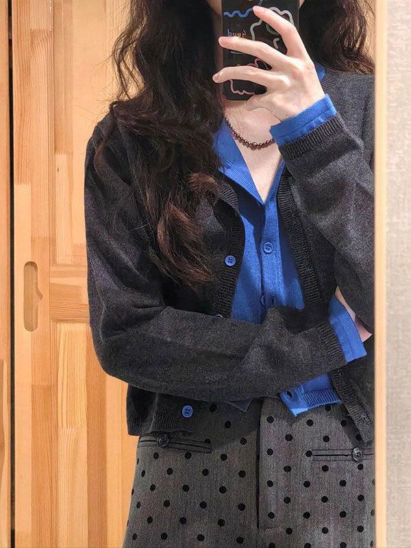 Women's New Arrival Retro Color Block Two-Piece Look Cardigan T-shirt - Early Autumn Casual Short Top