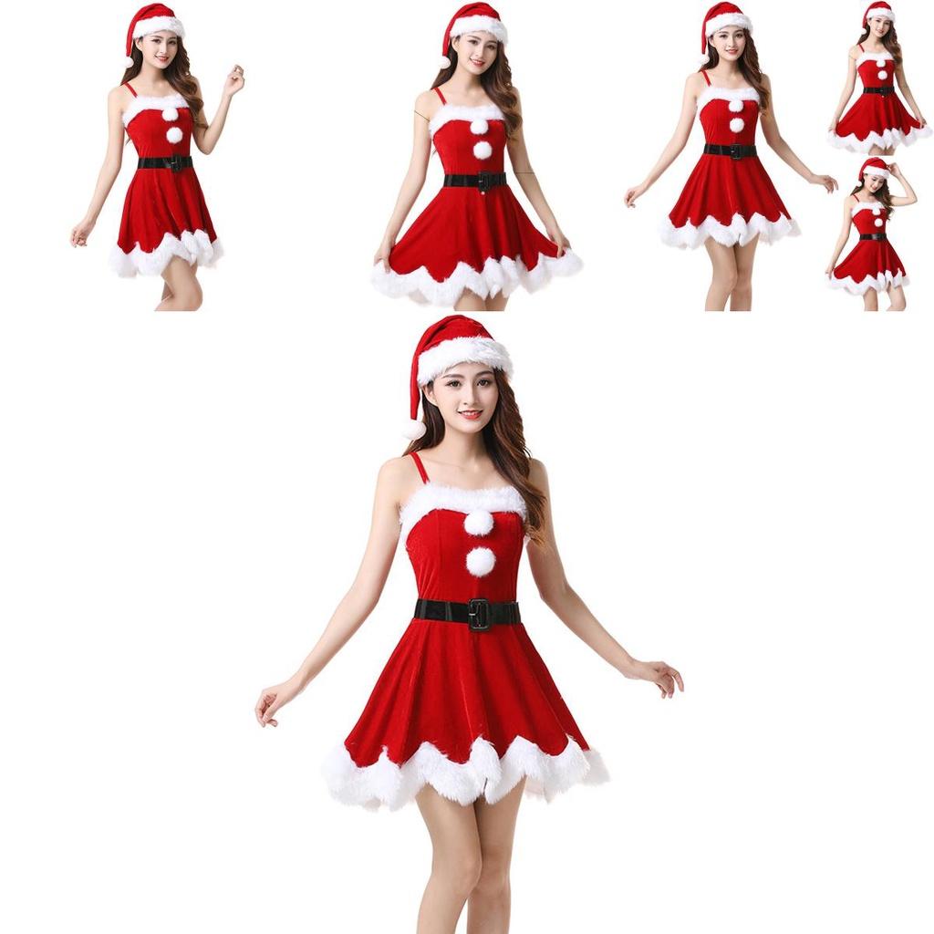 Red Velvet Women Christmas Costume With Soft Touch Santa Claus Dress And Hat