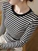 Women's Slim Fit Black & White Striped Long Sleeve Cotton T-shirt - Autumn/Winter 2025