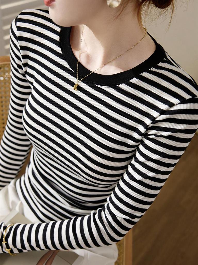 Women's Slim Fit Black & White Striped Long Sleeve Cotton T-shirt - Autumn/Winter 2025