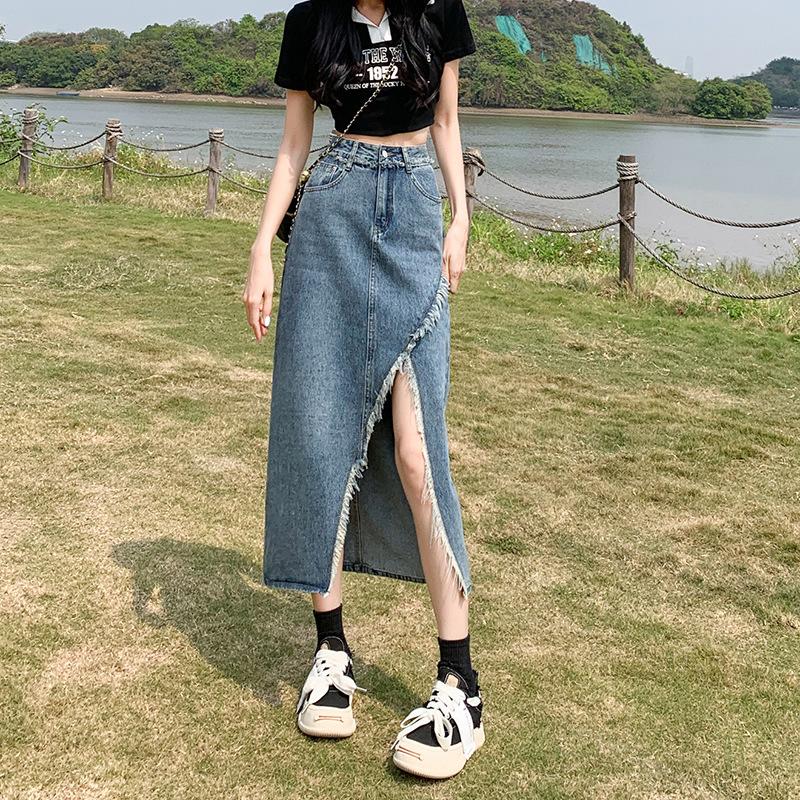 

Юбка-бюстье с разрезом на бедрах и неровным необработанным краем, винтажная юбка-бюстье средней длины с высокой талией, женская, удобная, модная, джинсовая 2XL джинсовый