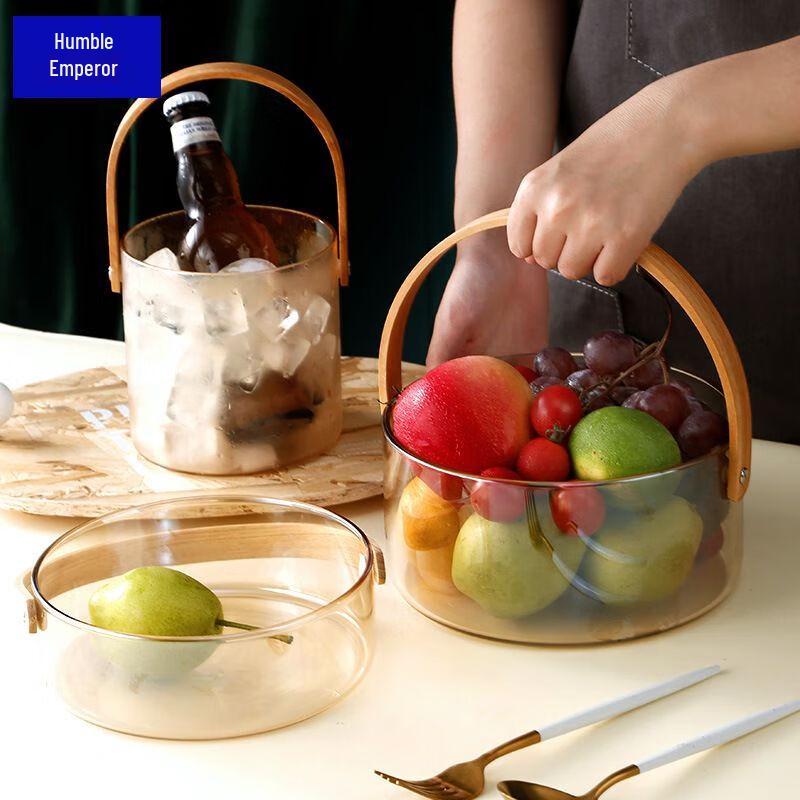 Qianxing Glass Bamboo Handle Ice Bucket & Fruit Plate Set