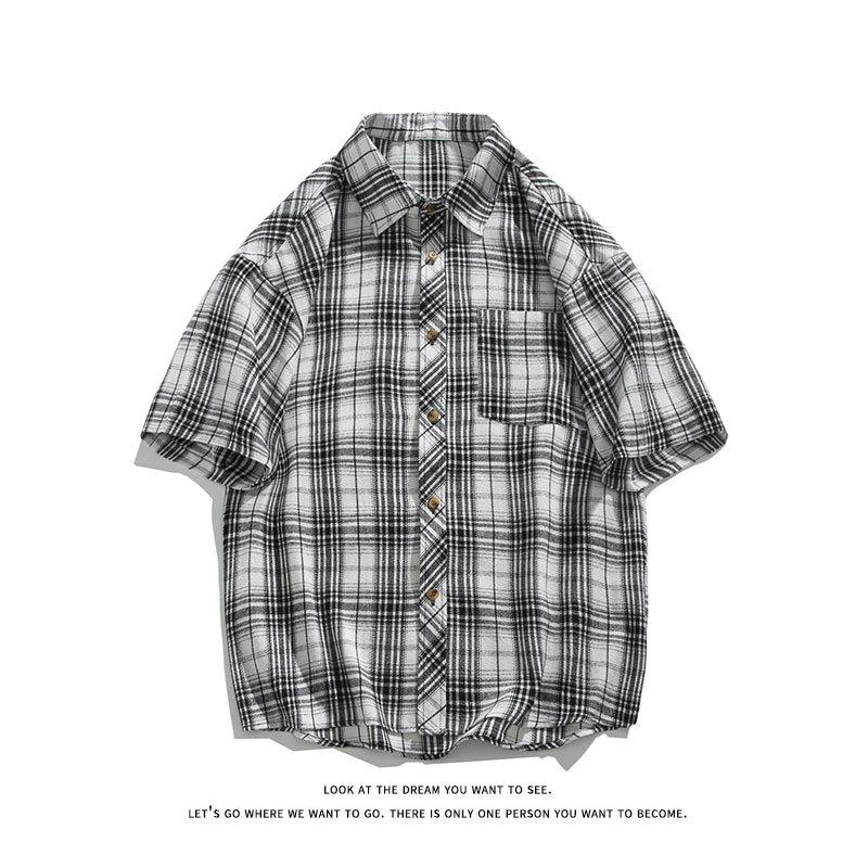 Men's Japanese Large Size Loose Plaid Short-sleeved Shirt Summer Versatile Classic Cardigan