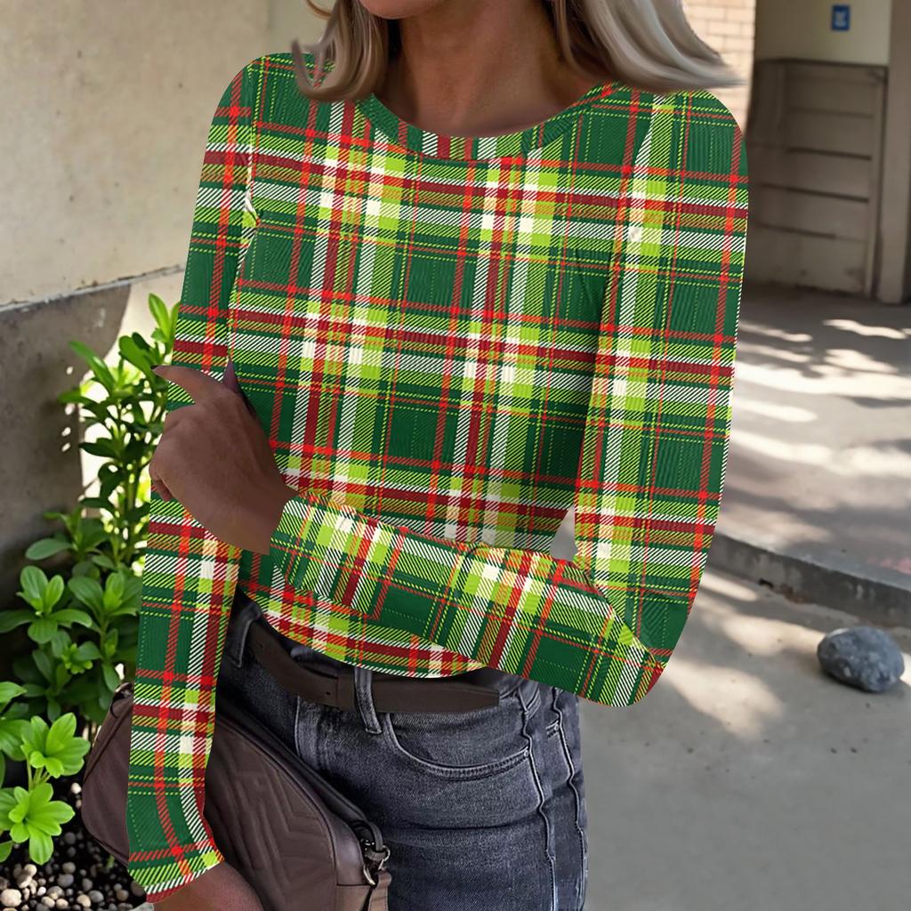 Women's Casual Neck Plaid Print Long Sleeve Ribbed Knit Top for Everyday Wear
