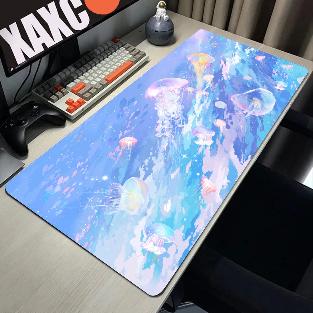 Cartoon Blue Jellyfish Large Mouse Pad Ocean Animal Desk Mat Natural Rubber Non-Slip Office Computer Keyboard Table Accessories