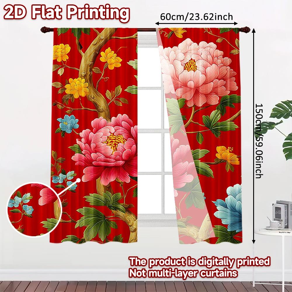 2D FLAT PRINTING 2pcs Curtains (Without Rod) Floral Red Celebration Design Holiday Easter Printed Curtains Polyester Curtains