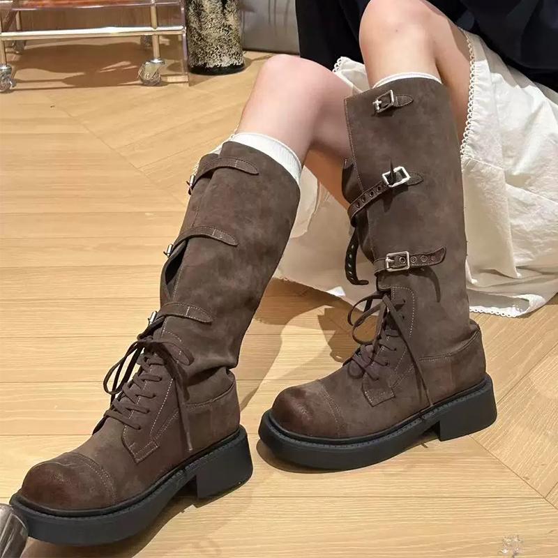 Fashion High Boots Women Winter Designer Shoes Flats Lace Up Fashion Knee High Boots 2025 New Cozy Dress Goth Chelsea Botas Mujerzapatos