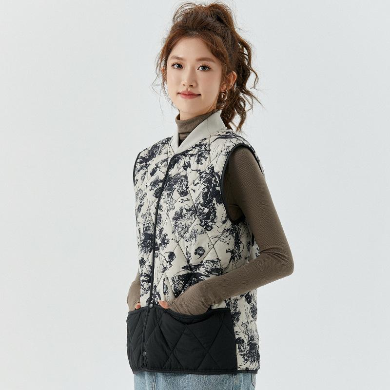 Women's Spring and Autumn Four Seasons Warmth Light Chinese Style Casual Threaded Collar Outside The Cotton Vest Fashionable and Warm