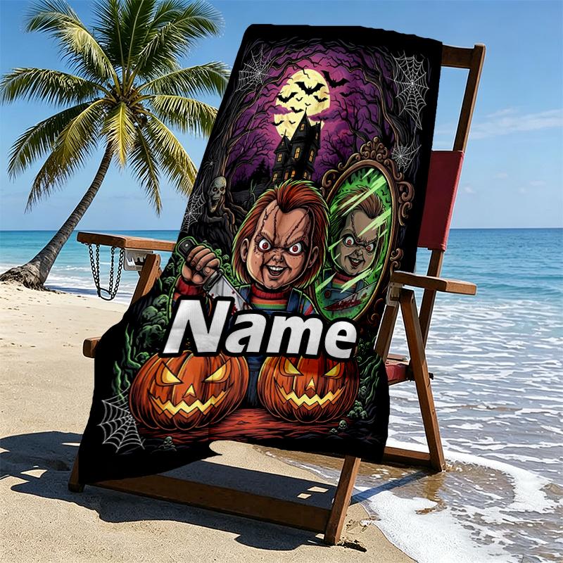 Custom Name Personalized Bride of Chucky Print Beach Towel, for Trip Camping Beach Party Home Decor, Birthday Gift for Family & Friends