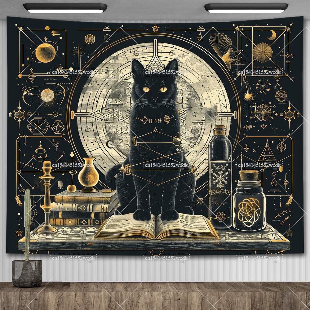 Black Cat Library Tapestry Wall Hanging Occult Witchy Altar Cloth Tarot Tapestrys Aesthetic Bedroom Decor Printed Tapestries