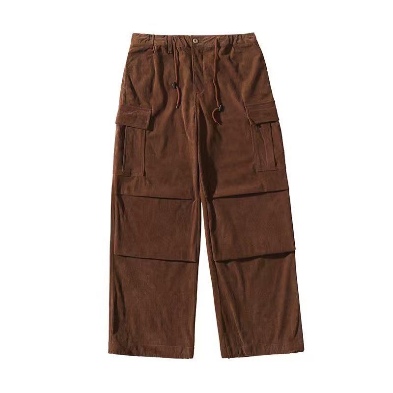 Japanese Retro Brown Corduroy Cityboy Men's Drawstring Cargo Pants, Plus Size, for Autumn and Winter.