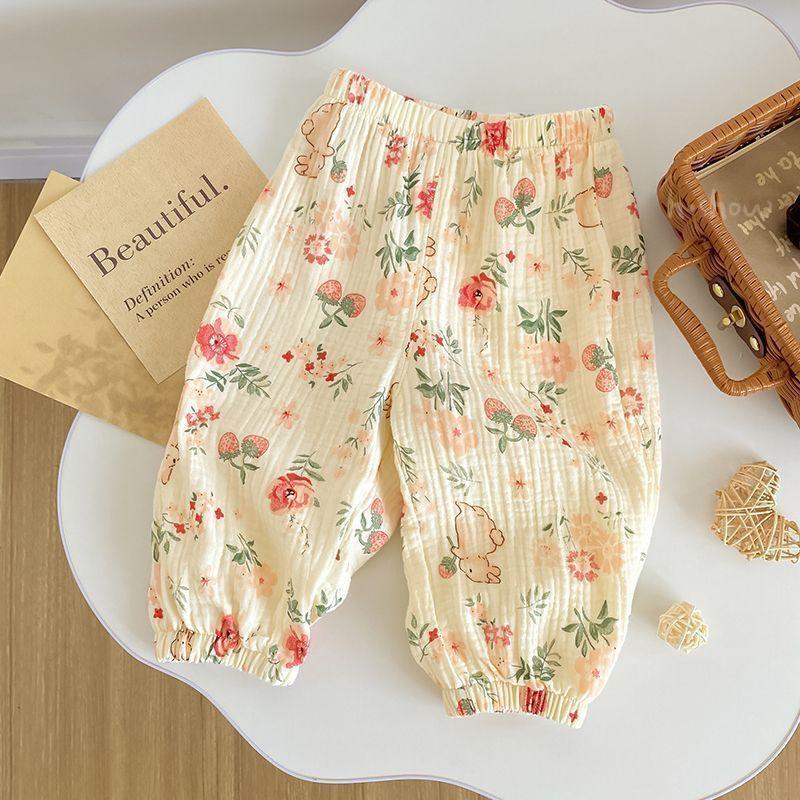 

Летние брюки для девочек, свободные, с защитой от комаров, брюки-фонарики с цветочным принтом, новые, мягкие и дышащие 90