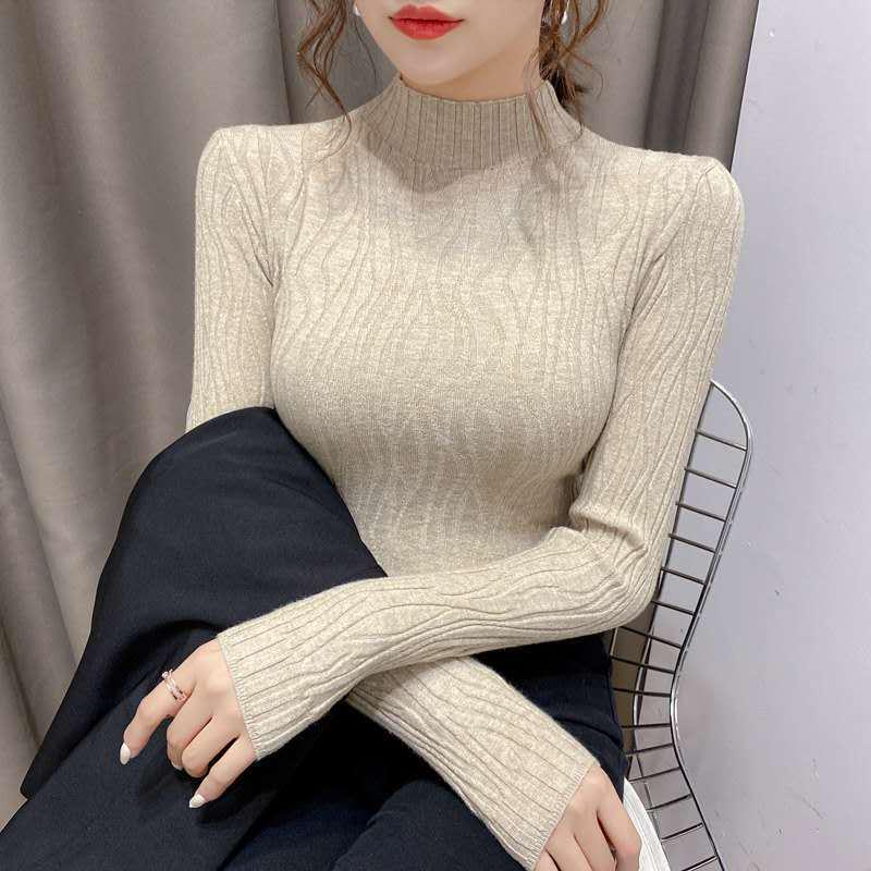Autumn Winter Knitted High Neck Sweater Women's Solid Color Stretch Slim Bottoming Shirt All-mach Wrinkle Pullover Jumper Top
