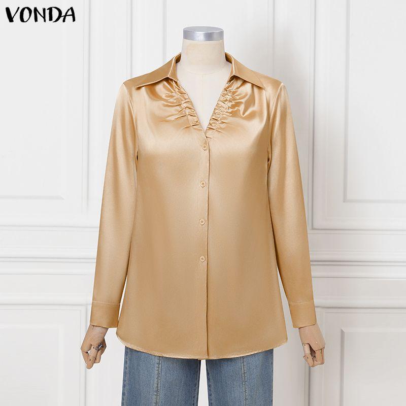 

VONDA Elegant Women Pleating Lapel V Neck Long Sleeve Buttons Up Casual Office Shirts Blouse 5XL хаки