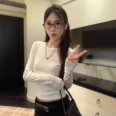 Korean Bottoming Shirt Casual Versatile Long-sleeved T-shirt Women's Autumn Niche Slim-fitting and Thin Inner Short Gray Top